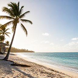 Caribbean Holidays, Haiti Beach Holidays, Wide sandy beach in Haiti in January, calm turquoise Caribbean Sea, palm trees, bright morning light, realistic travel photography