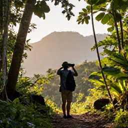 Caribbean Holidays, Haiti Birdwatching, A birdwatcher with binoculars beside a forest trail in Haiti, early morning light, tropical mountain scenery