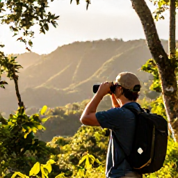 Caribbean Holidays, Haiti Birdwatching, A birdwatcher with binoculars overlooking a lush Haitian mountain forest in warm February sunshine