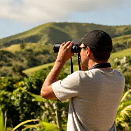 Caribbean Holidays, Haiti Birdwatching, A birdwatcher with binoculars overlooking Haiti's green hills and tropical woodland in warm February sunshine