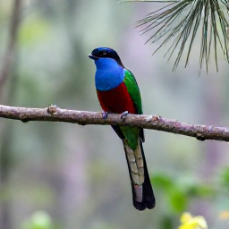 Caribbean Holidays, Haiti Birdwatching, A colourful Hispaniolan trogon perched on a branch in the misty pine forest of Pic Macaya, Haiti