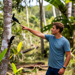 Caribbean Holidays, Haiti Birdwatching, A friendly local bird guide pointing towards a bird in a peaceful Haitian woodland