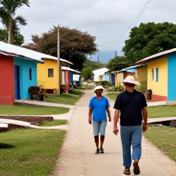 Caribbean Holidays, Haiti Birdwatching, A friendly local birdwatching guide and visitor walking through Haitian countryside near a colourful village