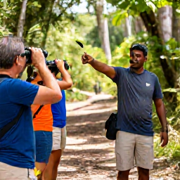 Caribbean Holidays, Haiti Birdwatching, A friendly local birdwatching guide pointing towards a bird in a Haitian forest, with travellers using binoculars on a shaded trail