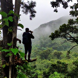 Caribbean Holidays, Haiti Birdwatching, A Haitian mountain forest in August with lush vegetation, misty hills and a birdwatcher scanning the trees