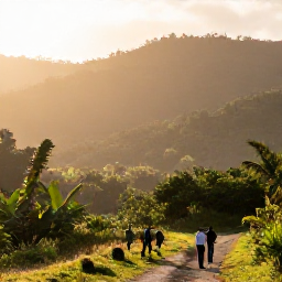 Caribbean Holidays, Haiti Birdwatching, A peaceful Haitian nature reserve at sunrise, with forested hills, tropical vegetation and a small group of birdwatchers