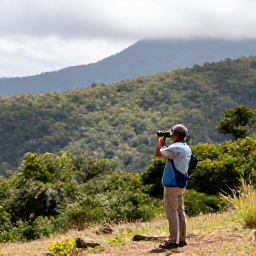 Caribbean Holidays, Haiti Birdwatching, A quiet Haitian mountain landscape with forest, distant hills and a birdwatcher observing nature