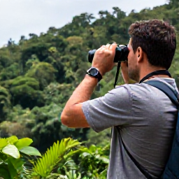 Caribbean Holidays, Haiti Birdwatching, Birdwatcher overlooking a lush Haitian mountain forest in June, with binoculars and tropical birds in the canopy