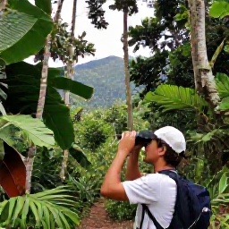 Caribbean Holidays, Haiti Birdwatching, Birdwatcher using binoculars beside a forest trail in Haiti in December, with tropical foliage and distant mountains