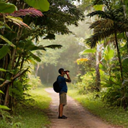 Caribbean Holidays, Haiti Birdwatching, Birdwatcher using binoculars beside a quiet forest trail in Haiti in January, with tropical foliage and soft morning light