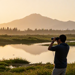 Caribbean Holidays, Haiti Birdwatching, Birdwatcher using binoculars beside a quiet Haitian wetland at sunrise, with mountains in the distance
