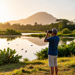 Caribbean Holidays, Haiti Birdwatching, Birdwatcher using binoculars beside a quiet Haitian wetland at sunrise, with tropical vegetation and distant mountains