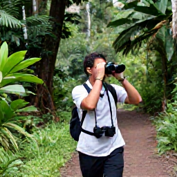 Caribbean Holidays, Haiti Birdwatching, Birdwatcher walking along a forest trail in Haiti&rsquo;s green mountains with binoculars in July