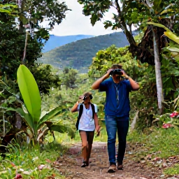 Caribbean Holidays, Haiti Birdwatching, Birdwatchers walking along a shaded mountain trail in Haiti with binoculars, tropical forest and distant hills
