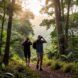 Caribbean Holidays, Haiti Birdwatching, Birdwatchers walking with binoculars through lush mountain forest in Haiti at sunrise