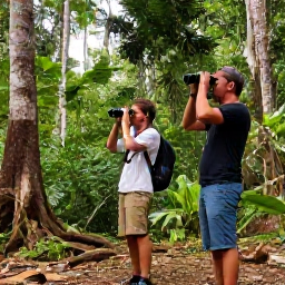 Caribbean Holidays, Haiti Birdwatching, Birdwatchers with binoculars exploring a forest trail in Haiti during the September green season