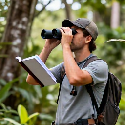 Caribbean Holidays, Haiti Birdwatching, Birdwatching guide and traveller exploring a Haitian nature reserve with binoculars, field notebook and native trees