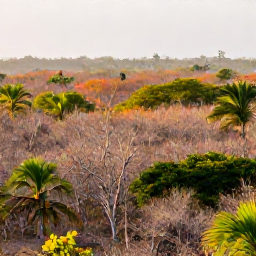 Caribbean Holidays, Haiti Birdwatching, Colourful Haitian landscape with dry forest, palms and a birdwatcher scanning the treetops in soft morning light