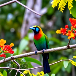 Caribbean Holidays, Haiti Birdwatching, Colourful Haitian tropical birds perched among flowering branches in a humid forest