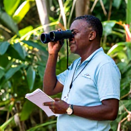 Caribbean Holidays, Haiti Birdwatching, Friendly local birdwatching guide leading visitors along a Haitian nature trail with binoculars and notebooks