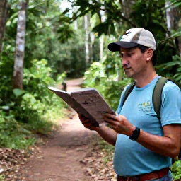 Caribbean Holidays, Haiti Birdwatching, Friendly local birdwatching guide showing visitors a field guide beside a forest trail in Haiti