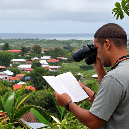 Caribbean Holidays, Haiti Birdwatching, Friendly local birdwatching guide showing visitors a field guide in Haiti, with binoculars, tropical vegetation and a village landscape