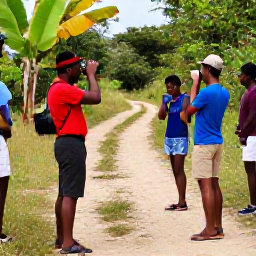 Caribbean Holidays, Haiti Birdwatching, Friendly local guide and visitors sharing a birdwatching moment beside a rural Haitian trail in February