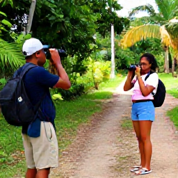 Caribbean Holidays, Haiti Birdwatching, Friendly local guide and visitors sharing binoculars beside a Haitian nature trail, tropical countryside in November