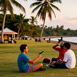 Caribbean Holidays, Haiti Birdwatching, Friendly travellers relaxing after birdwatching in Haiti, with tropical scenery, local atmosphere and warm evening light