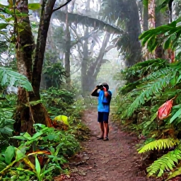 Caribbean Holidays, Haiti Birdwatching, Haitian mountain forest with a birder using binoculars on a quiet trail, morning mist and lush vegetation