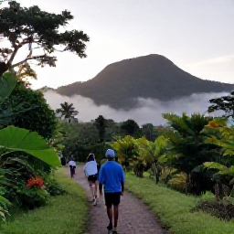 Caribbean Holidays, Haiti Birdwatching, Peaceful Haitian birdwatching trail at sunrise, with comfortable travellers, tropical plants and mountain scenery