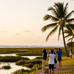 Caribbean Holidays, Haiti Birdwatching, Peaceful Haitian coastline at golden hour with wetlands, palms and a small group of relaxed birdwatchers