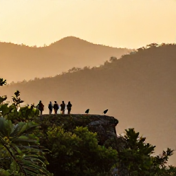 Caribbean Holidays, Haiti Birdwatching, Peaceful Haitian mountain landscape at sunrise with a small birdwatching group on a forest overlook