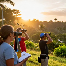 Caribbean Holidays, Haiti Birdwatching, Small group of travellers watching birds near a Haitian nature reserve at sunrise, with binoculars, notebooks and tropical scenery