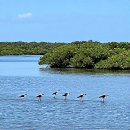 Caribbean Holidays, Haiti Birdwatching, Wetland and coastal birdwatching scene in Haiti with wading birds, mangroves and calm blue water under a sunny sky