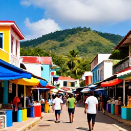 Caribbean Holidays, Haiti City Breaks, Colourful streets and lively market stalls in Port-au-Prince, Haiti, with tropical hills in the background