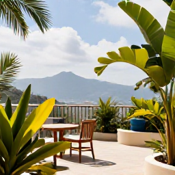Caribbean Holidays, Haiti City Breaks, Comfortable boutique hotel terrace in Port-au-Prince with tropical plants and distant mountain views