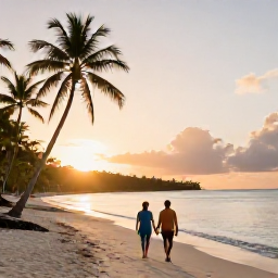 Caribbean Holidays, Haiti Couples Holidays, A couple walking hand in hand along a quiet tropical beach in Haiti at sunset, with palm trees and calm Caribbean water
