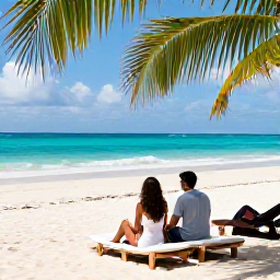Caribbean Holidays, Haiti Couples Holidays, Couple relaxing on a beautiful Haitian beach with turquoise water, soft sand, sun loungers and green palms