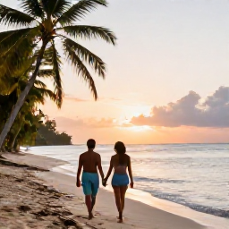 Caribbean Holidays, Haiti Couples Holidays, Couple walking hand in hand along a quiet tropical beach in Haiti at sunset