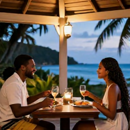 Caribbean Holidays, Haiti Couples Holidays, Romantic Haitian dinner for two on a shaded terrace, with tropical surroundings, local dishes and warm evening light
