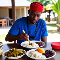 Caribbean Holidays, Haiti Culture Holidays, Traditional Haitian meal with griot, pikliz, rice, beans and fresh tropical ingredients on a simple local table