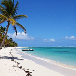 Caribbean Holidays, Haiti December Adventures, A quiet Haitian beach with turquoise water, palm trees and a small boat near the shore on a sunny December afternoon
