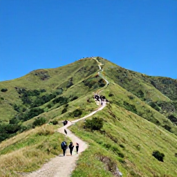 Caribbean Holidays, Haiti December Adventures, A rugged Haitian mountain landscape in December, with green hills, clear blue skies and a small group of hikers on a trail