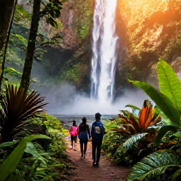 Caribbean Holidays, Haiti December Adventures, Travellers hiking through a forested Haitian mountain trail towards a dramatic waterfall, with tropical plants and warm December sunlight