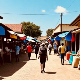 Caribbean Holidays, Haiti December Backpacking, Backpacker walking through a colourful Haitian market in warm December sunshine, lively stalls and local people, realistic travel photography