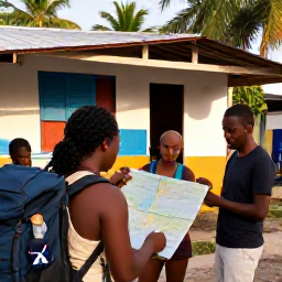 Caribbean Holidays, Haiti December Backpacking, Friendly backpackers checking a map with a local guide outside a Haitian guesthouse, tropical setting and warm afternoon light, realistic travel photography