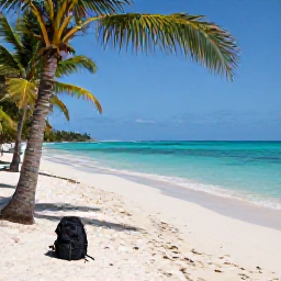 Caribbean Holidays, Haiti December Backpacking, Quiet Haitian beach with turquoise water, palm trees and a backpack on pale sand in warm December sunlight, realistic travel photography