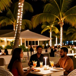Caribbean Holidays, Haiti December Holidays, A festive Haitian resort evening in December, with softly lit palm trees, outdoor dining, tropical drinks and a relaxed celebratory atmosphere