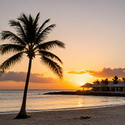 Caribbean Holidays, Haiti December Holidays, A peaceful Haitian beach at sunset in December, with palm silhouettes, golden light, calm sea and a comfortable resort in the background